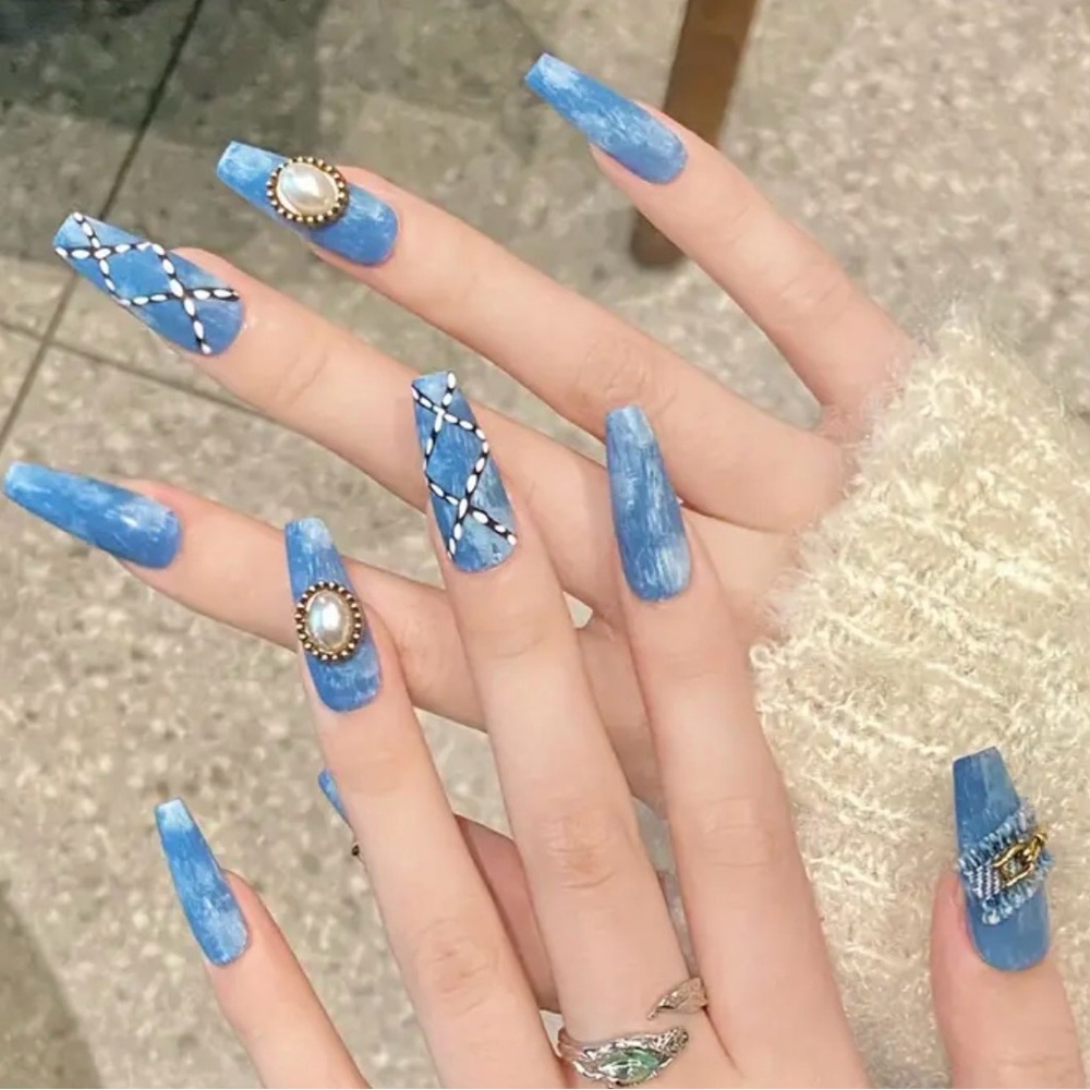 10pc Blue Marble Nail Art Set handmade Nails Ballet Sz Small